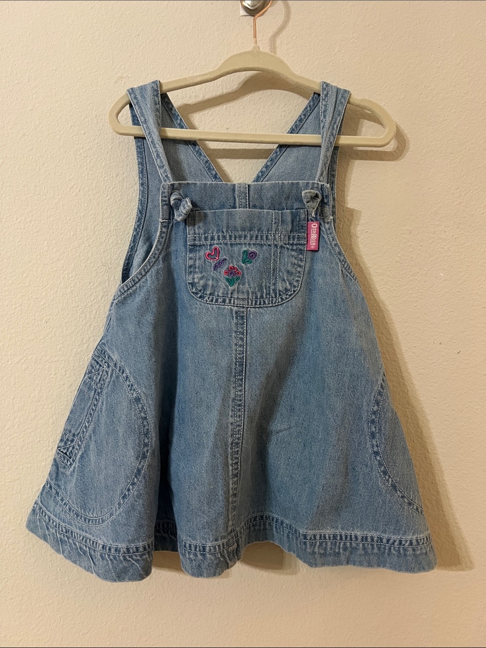 Vintage OshKosh B’Gosh 2T Denim Jumper Dress Floral Embroidered Overalls 90s